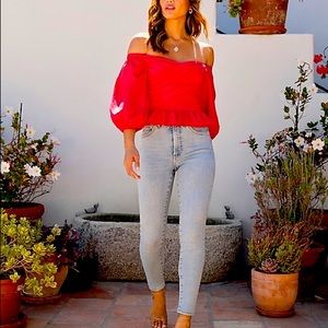 Off the shoulder puff sleeve wrap front top